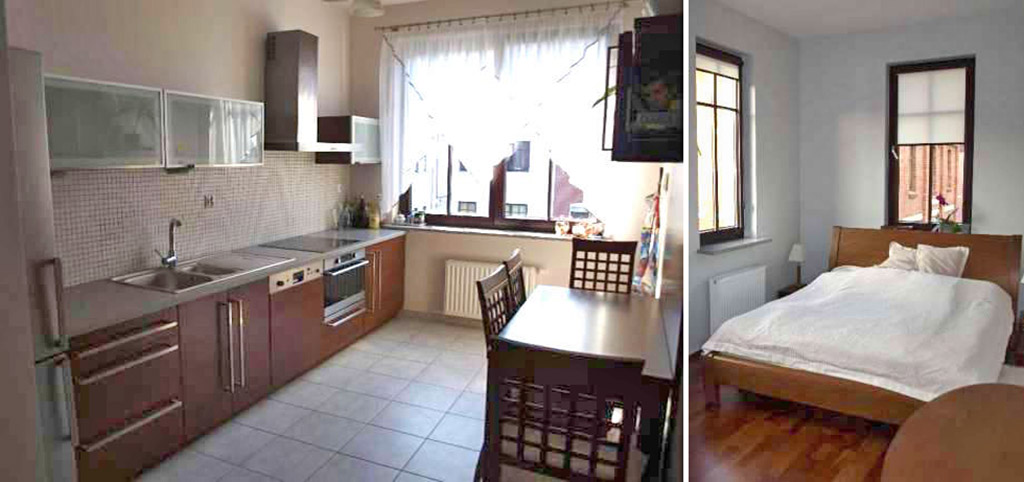 na zdjęciu ekskluzywnie urządzony aneks kuchenny oraz sypialnia w apartamencie do sprzedaży w Szczecinie