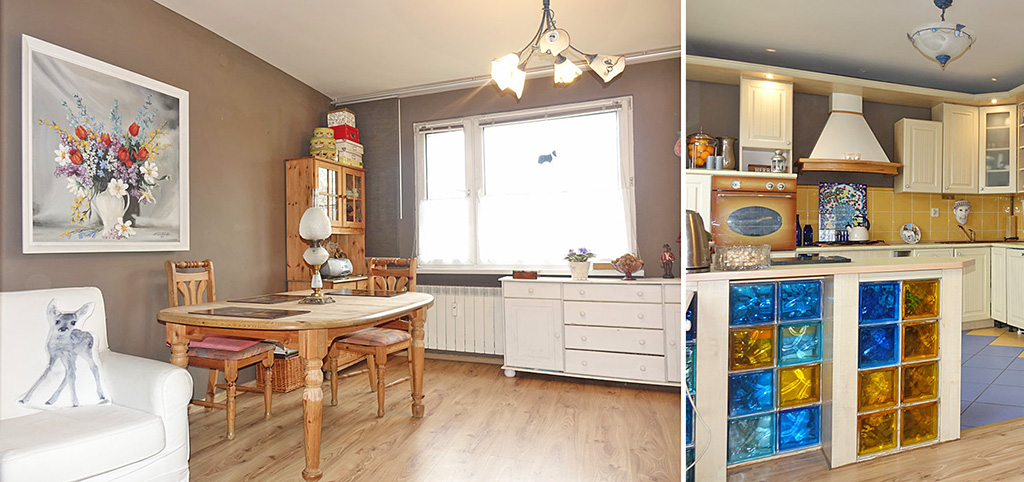 na zdjęciu salon oraz fragment kuchni w apartamencie do sprzedaży w okolicach Katowic