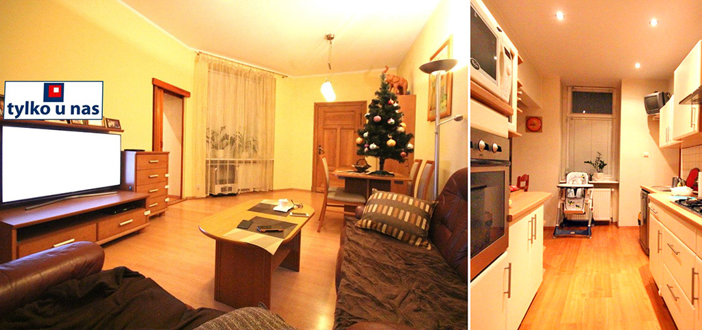 zdjęcie przedstawia salon oraz fragment aneksu kuchennego w apartamencie do sprzedaży w Szczecinie