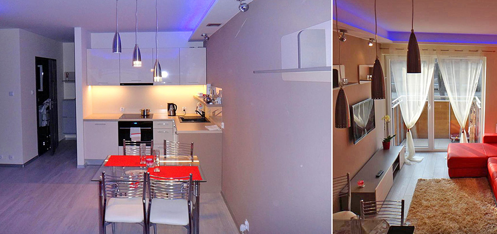 zdjęcie przedstawia komfortowy aneks kuchenny oraz salon w luksusowym apartamencie w Szczecinie na sprzedaż