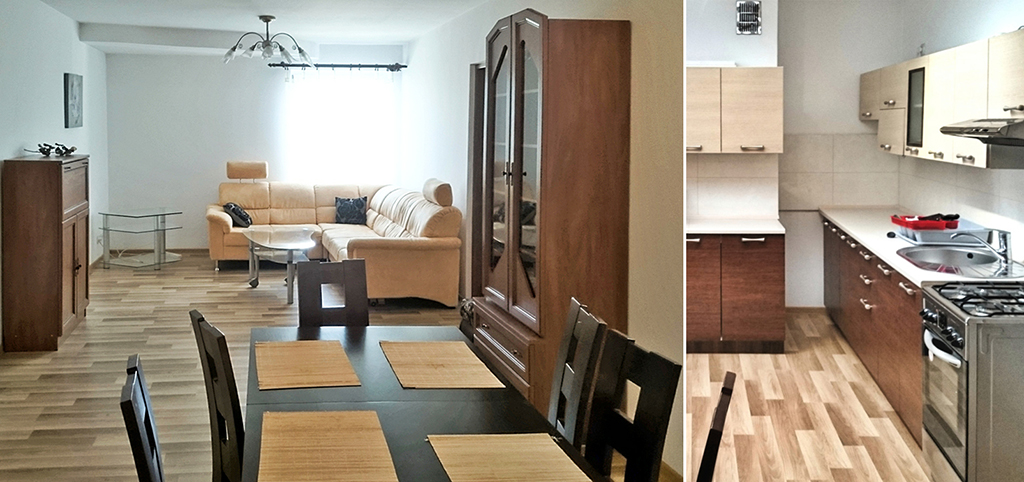 po lewej salon po prawej fragment kuchni w luksusowym apartamencie do wynajęcia w Tarnowie