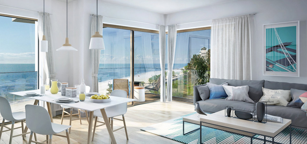 zdjęcie przedstawia nowoczesny salon w apartamencie na sprzedaż nad morzem