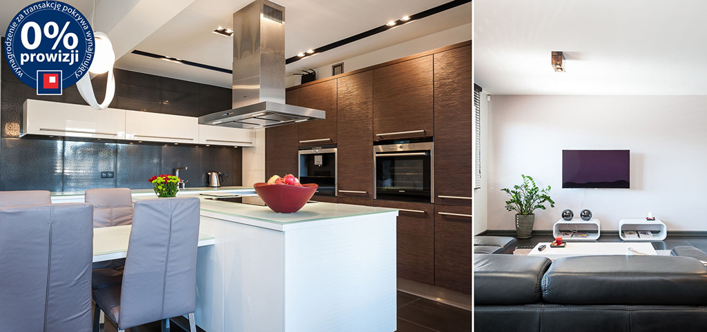 na zdjęciu ekskluzywny aneks kuchenny oraz fragment salonu w apartamencie do wynajęcia w Chorzowie