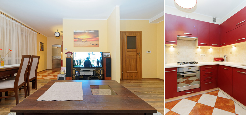 zdjęcie przedstawia salon oraz fragment kuchni w apartamencie do wynajęcia w Tarnowie