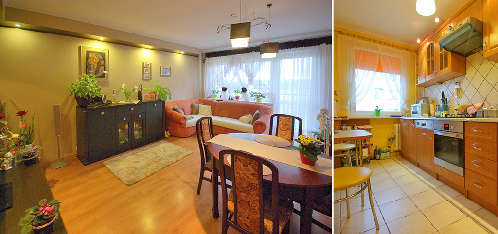 na zdjęciu salon oraz fragment kuchni w apartamencie do sprzedaży w okolicy Legnicy