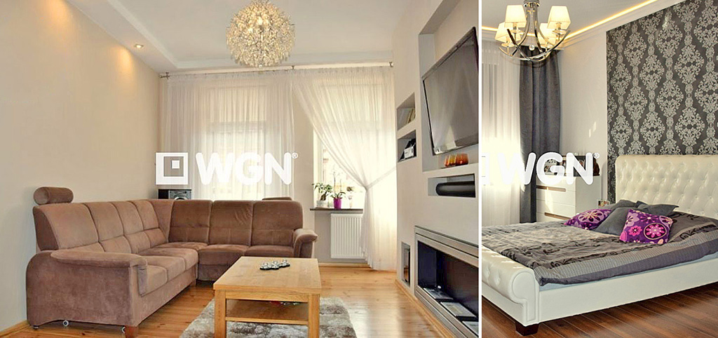 zdjęciu salon oraz fragment sypialni w luksusowym apartamencie do sprzedaży w Legnicy