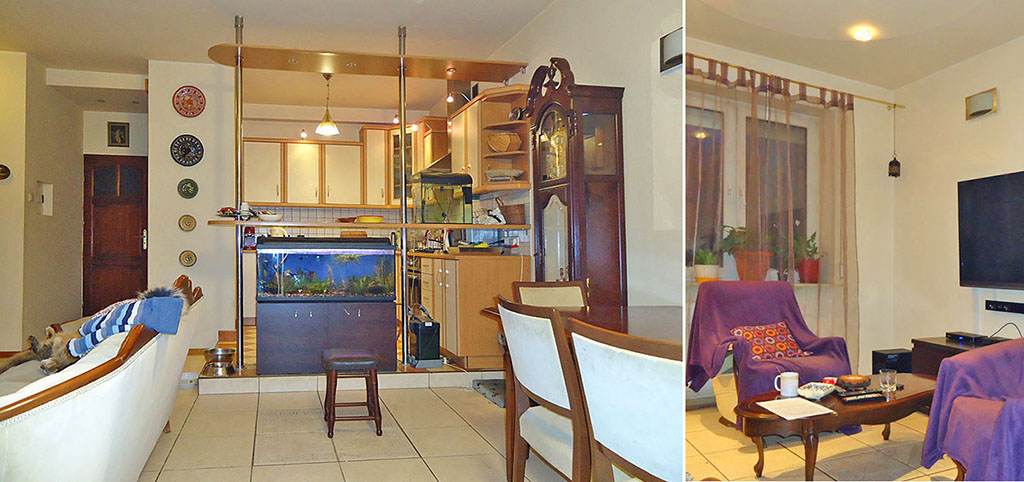 na zdjęciu widok na aneks kuchenny oraz fragment salonu w apartamencie do sprzedaży w Łodzi