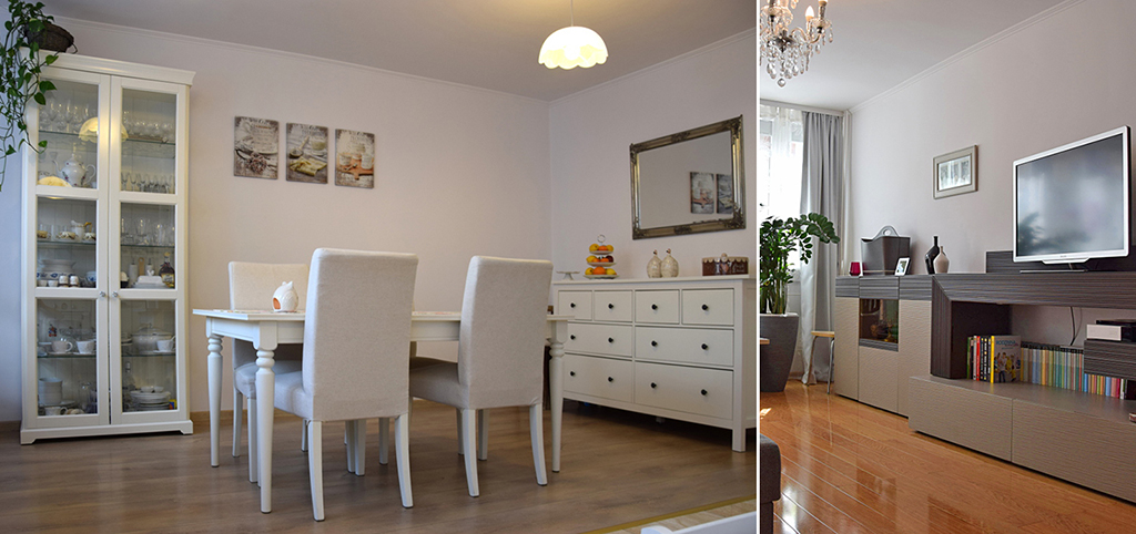 po lewej jadalnia, po prawej fragment salonu w ekskluzywnym apartamencie do sprzedaży w Legnicy